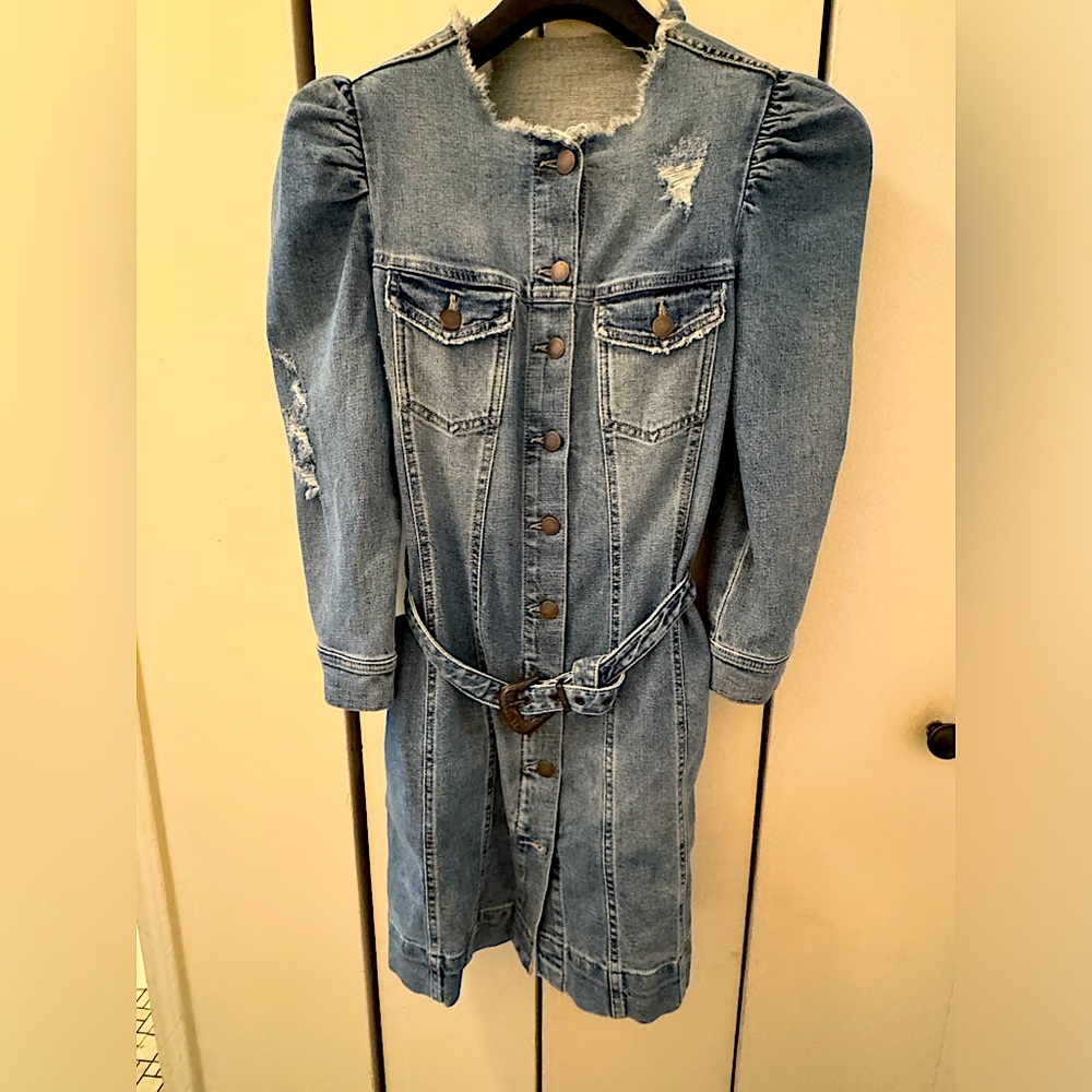 RETROFÊTE
Jamie belted distressed denim mini dress — Like New
